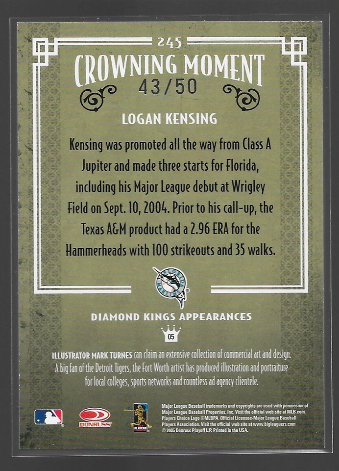 2005 Donruss Diamond Kings - Logan Kensing #245 Silver Holo #/50 SP - Image 2 of 2