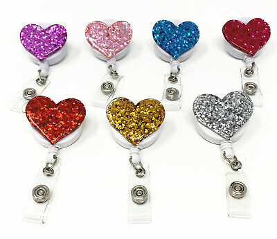 7 pack Glitter Bling Love Heart Retractable ID Badge Reel Holder Swivel  Clip