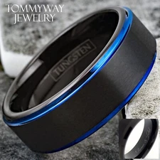 Custom Engraved 8mm Men's Tungsten Carbide Black & Blue Brushed Band Ring