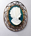 WELLS 925 STERLING SILVER VERMEIL NEPHRITE & MOTHER OF PEARL CAMEO BROOCH