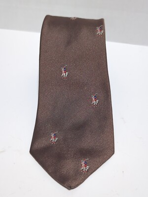 Benchmark Men's Necktie Tie Brown Polo Themed Made In The USA 59 x3  Vintage 