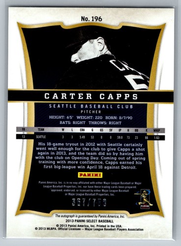 2013 Panini Select #196 Carter Capps Rookie autograph /750 Seattle Mariners - Picture 2 of 2