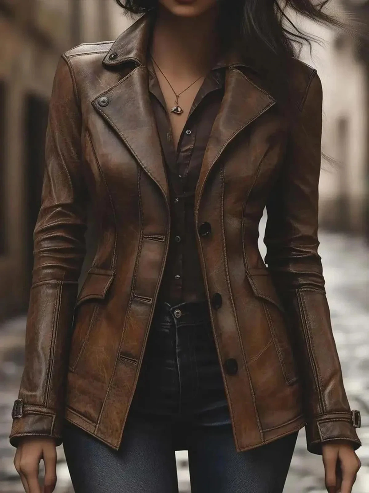Handmade Vintage Style Brown Real Leather Blazer Fitted Distressed Jacket.