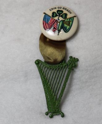 VINTAGE CELLULOID ERIN GO BRAGH PIN WITH A RIBBON WITH A METAL NON METALLIC HARP