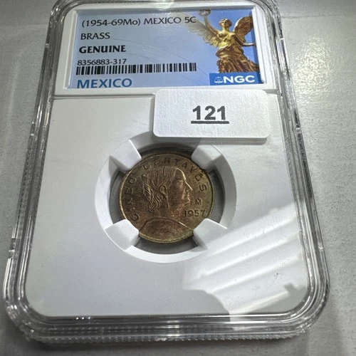 1954 (MO) Brass NGC Certified Genuine Mexico 5C Cinco Centavos #1210