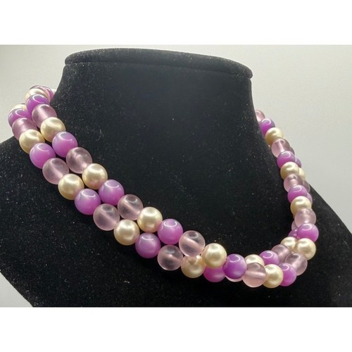 Vintage Style Two Strand Faux Pearl & Purple Beaded Choker Necklace 13"