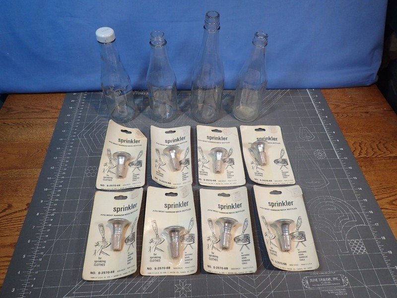 Lot of 8 Ironing Laundry Sprinkler Bottle Top Stopper & 4 Vintage Bottles