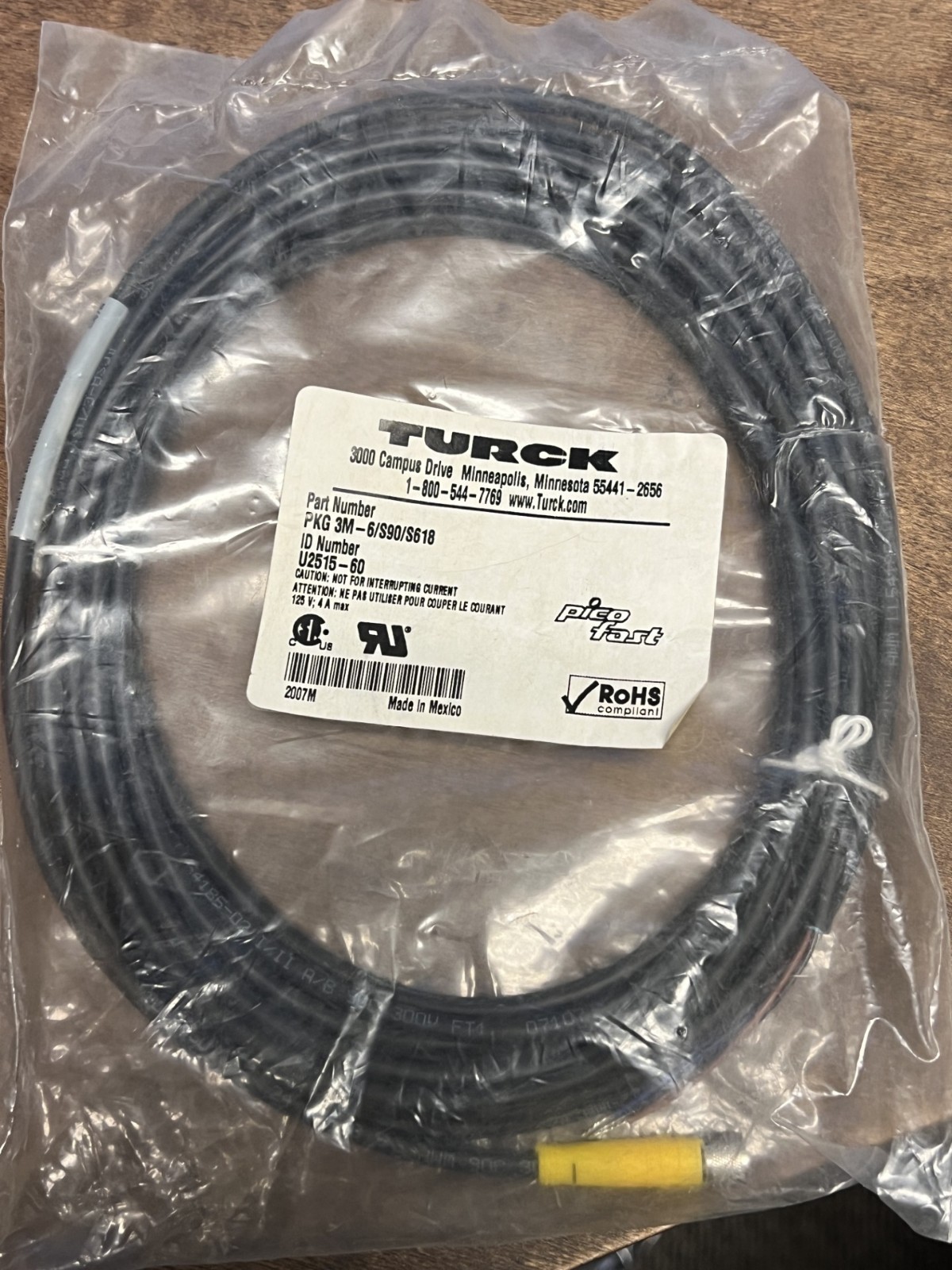 Turck PKG 3M-6/S90/S618 U2515-60 M8 3-Pin Female Sensor Cable 6M