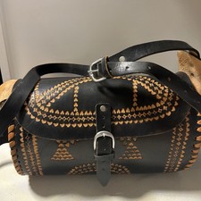 Vintage Mexican Hand Tooled Large Leather Purse Handbag Barrel Shaped Boho