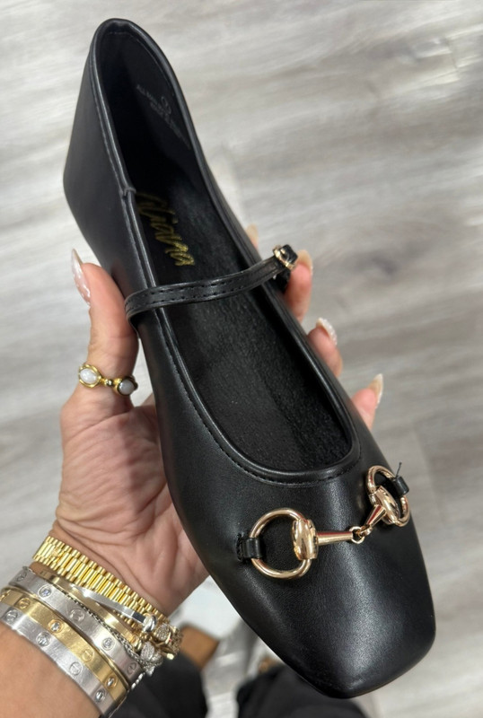 LILIANA Women’s Black Mary Jane Flats Square Toe Buckle Strap Logo 8.5 M