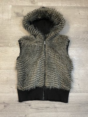 Vintage Y2K Faux Fur Hooded Sweater Vest XL Zip Up Mall Goth 2000s Bratz Core