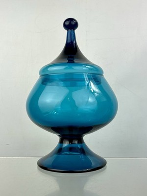 Vintage Empoli Italy Blau Glas Apothekerdose Bonboniere Zirkuszelt Deckel MCM
