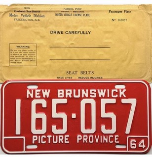 99 CENT SALE NOS 1964 New Brunswick License Plate #165 057 WITH ENVELOPE NR