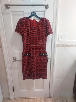 St. John US 2 WOMENS Red Black Silver Short Sleeve Tweed Dress