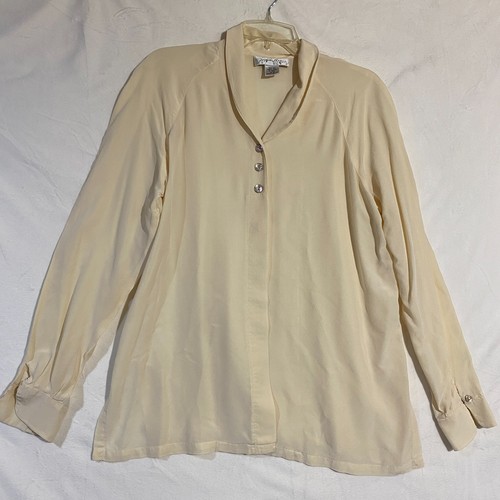 Geoffrey Beene, Vintage Geoffrey Beene Sport Silk Blouse Shirt Womens 12 Cream Long Sleeve