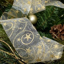 16 yards Stars Gold Glitter White Sheer Christmas Cut Edge Ribbon 2.75" Wide