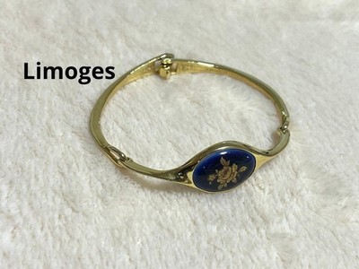 Limoges France Porcelain Bangle Bracelet Blue Gold Rose Vintage Cadeaux