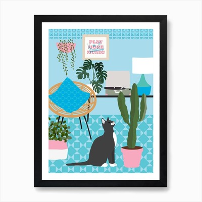 Boho schwarze Katze Kunstdruck gerahmt Wandbild Poster Leinwanddruck Bild