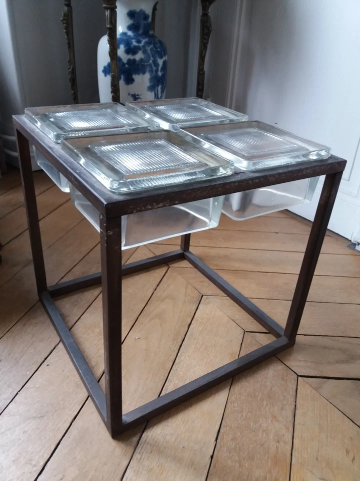 Table d'appoint/ Bout de canapé en fer et cubes de verre de Saint Gobain - Photo 3/4