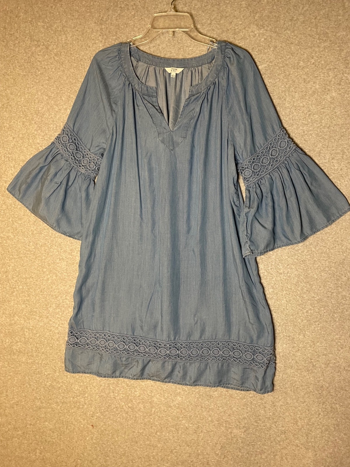 Crown & Ivy Chambray Tunic Dress Short Large Bell Sleeve Hippie Boho Casual