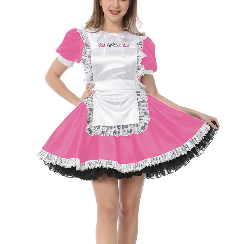 Puff Short Sleeve Satin A-line Maid Dress French Apron Cosplay Maid Uniforms Puff Short Sleeve Satin A-line Maid Dress French Apron Cosplay Maid Uniforms