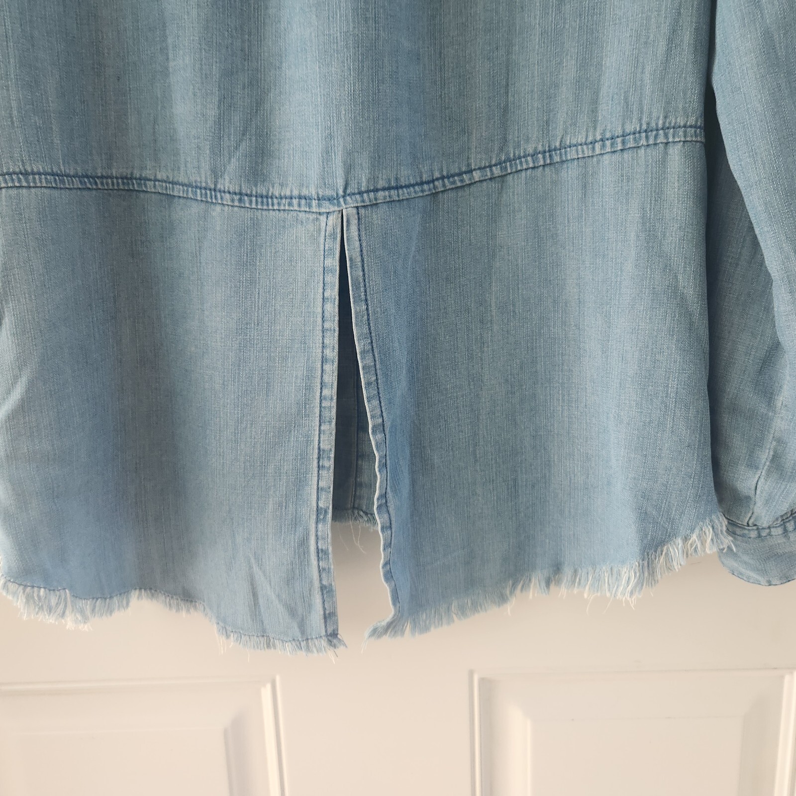 Harper Chambray Button Front Split Back Roll Tab … - image 6