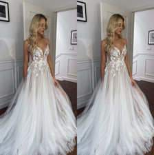 Sexy Wedding Dresses Deep V Neck Sweep Train Lace Applique A-Line Bridal Gowns
