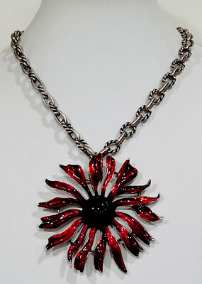 Signed Chico s Vintage Pewter Finish Red/Black Enamel Flower Necklace 16 +2 Ext