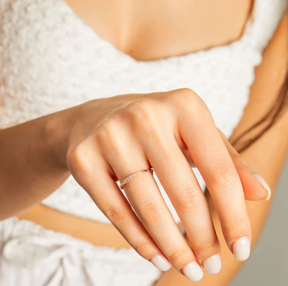 муассанит кольцо тонкий ободок комплект группы позолоченный 925 серебро кольцо ювелирных изделий - Изображение 3 из 4