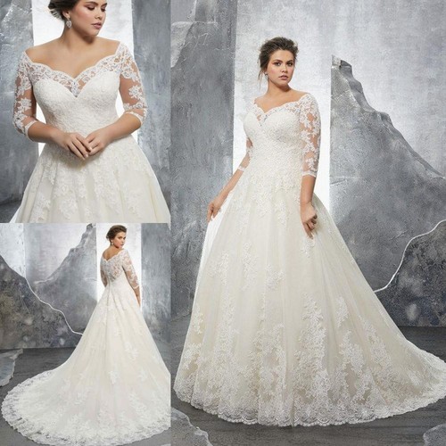 Plus Size Wedding Dresses Off Shoulder Half Sleeves A-line Lace Applique Gowns - Picture 1 of 10