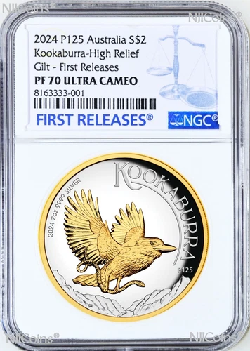 2024 Australia GILT PROOF HIGH RELIEF 2oz Silver Kookaburra $2 Coin NGC PF70 FR