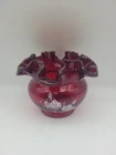 Fenton Hand Painted Floral Ruby Red Ruffle Vase Artist Signed