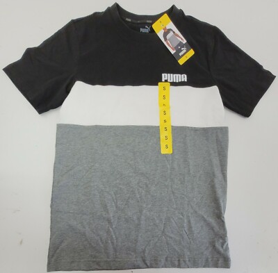 Puma Men's T-Shirt Black White Gray Double Down Tee Color Block Logo Small