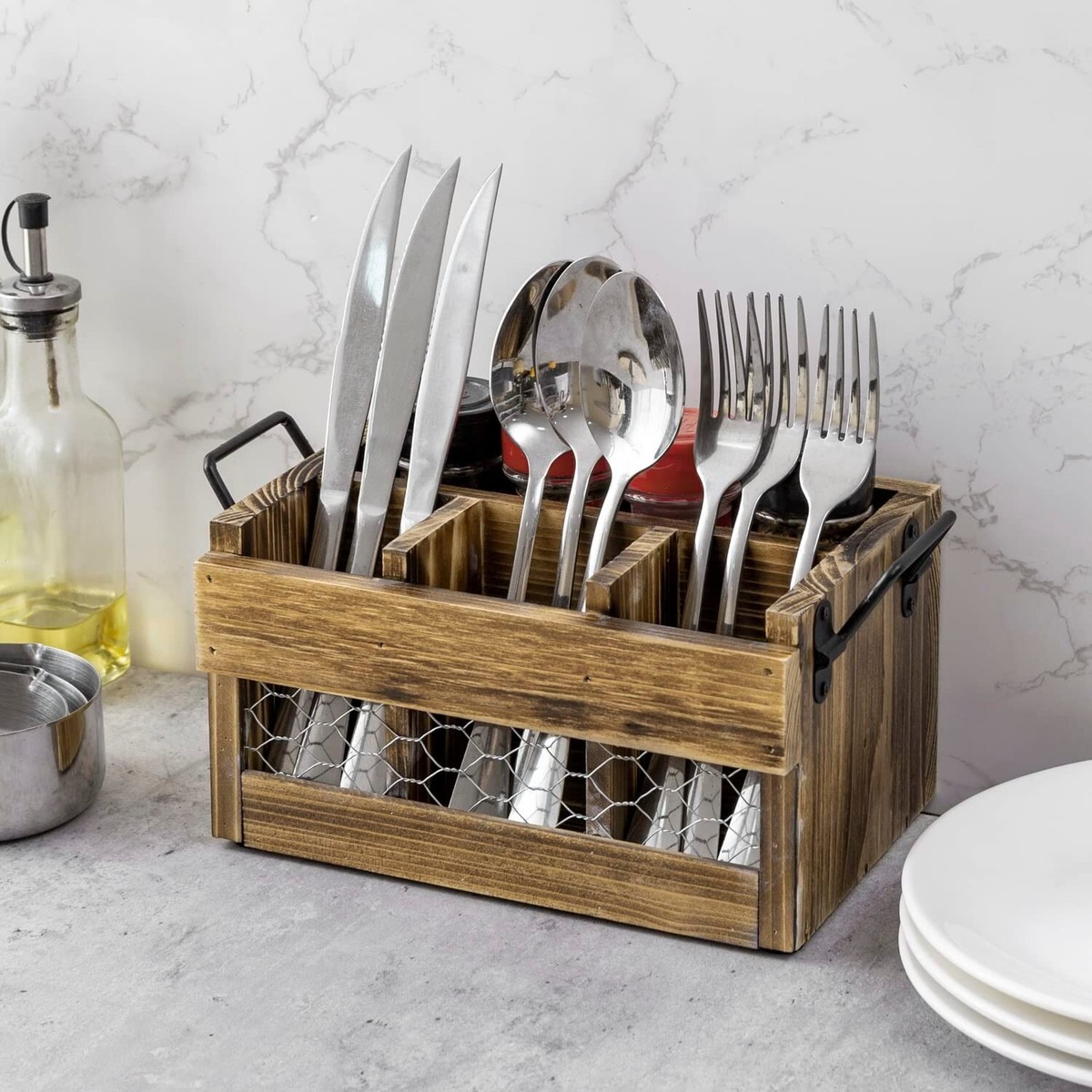 Organizzatore per utensili da cucina in legno con 3 scomparti, pratico