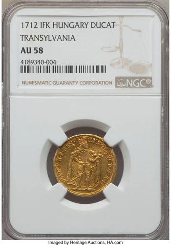 Transylvania 1712 IFK Ducat NGC AU58 Hermannstadt (Sibiu, Nagyszeben) mint