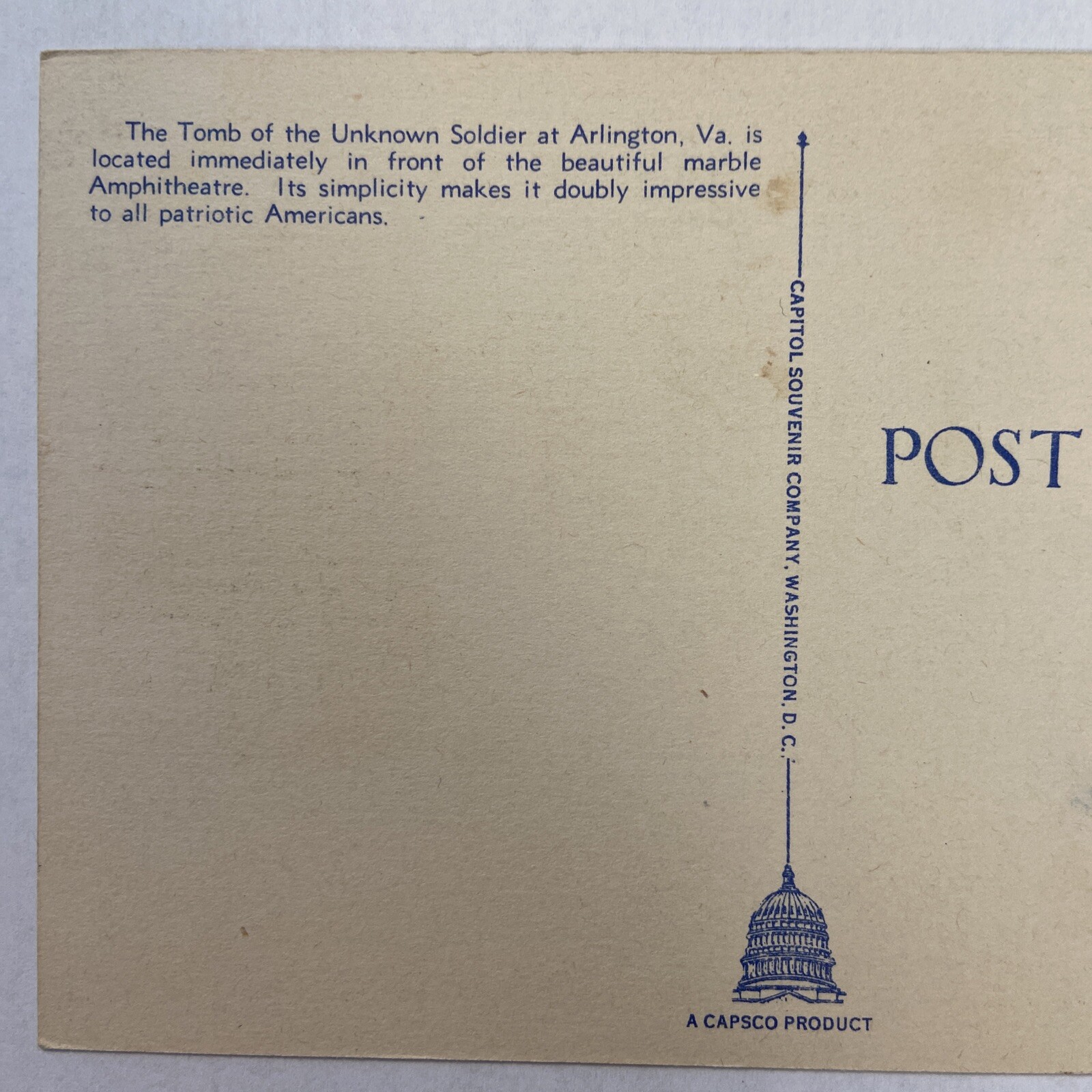 Postcard VA Tomb of the Unknown Soldier Capitol Souvenir Company 1930