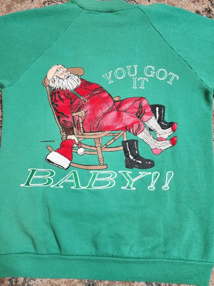Винтажный 90-х Санта-Клаус Рождественский пуловер Crewneck толстовка двусторонний S/M - Изображение 2 из 4