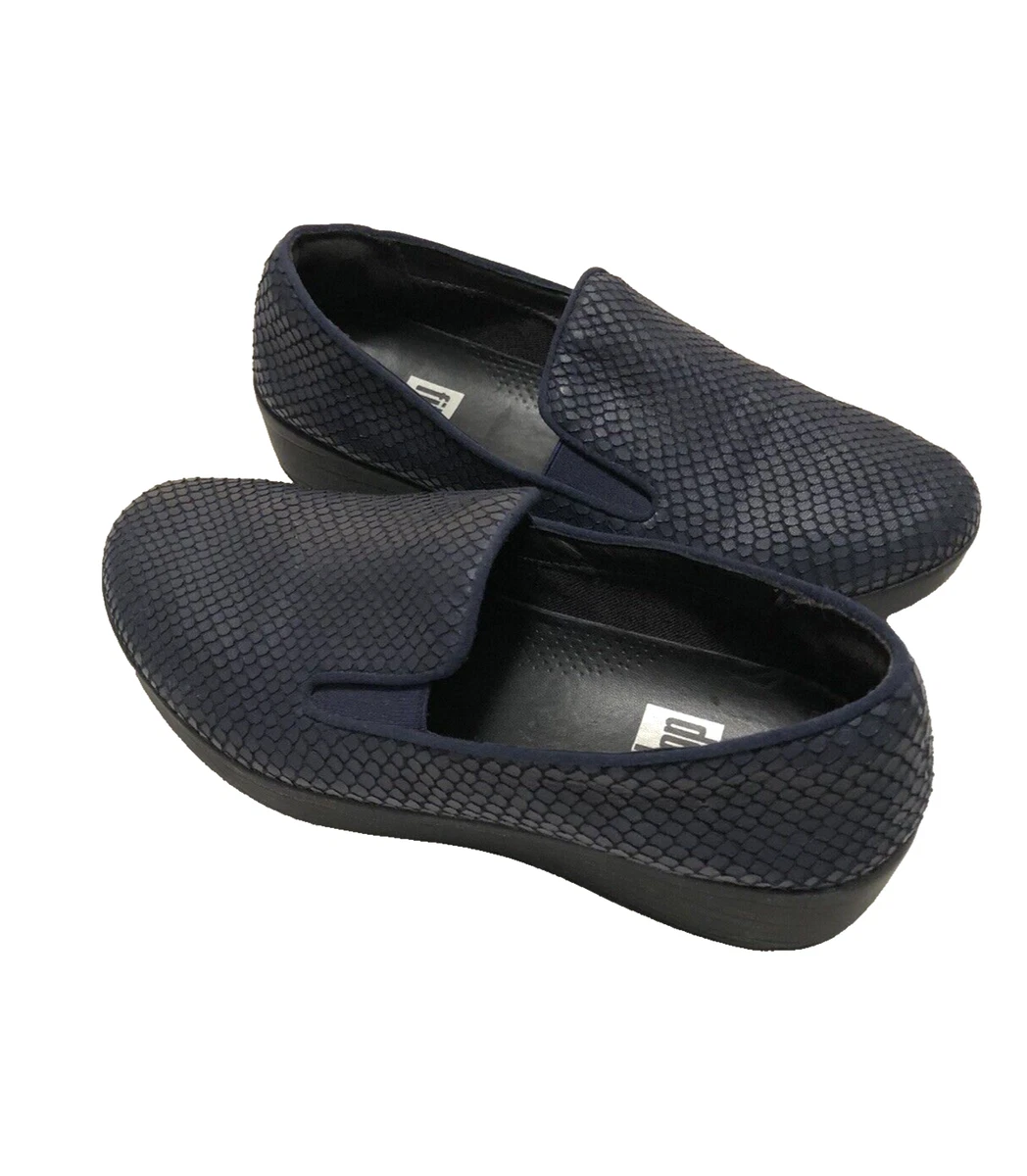 FITFLOP SUPERSKATE Loafers Midnight Navy Blue Snake Leather Size 6 US EUC