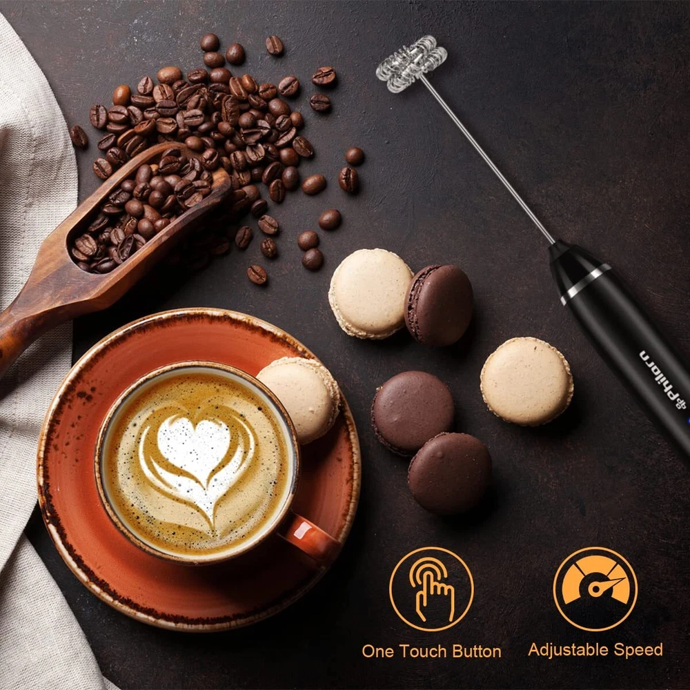 Milk Frother Handheld Rechargeable Coffee Frother - Frother Wand with 2 Heads...