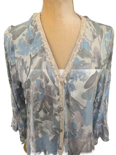 LOGO Lori Goldstein Button Up Rayon Cardigan L Blue Bell Sl Lace Trim Lagenlook - Picture 2 of 4