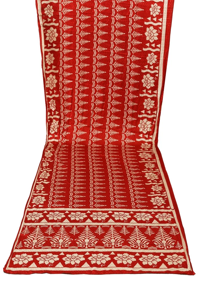 Vestido Vintage Sari Rojo Hoja India Estampado Kimono Mezcla Seda Artesanal 5 Yardas Sari Foto 3 de 4