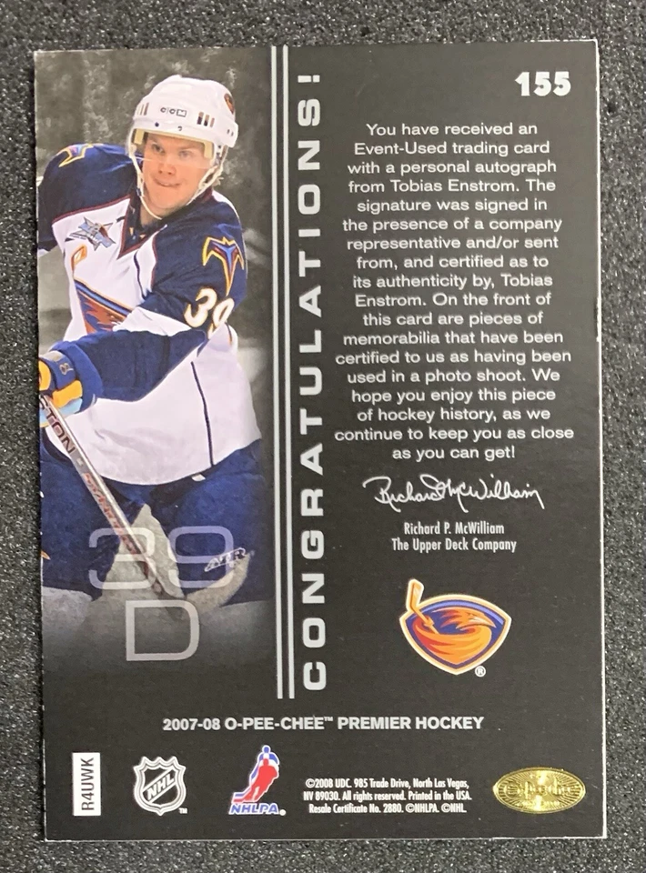 2007-08 O-Pee-Chee Premier #155 Tobias Enstrom Rookie Quad Patch Auto Gold /15 - Image 2 of 2