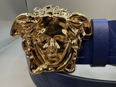 Versace La Medusa Greca Embossed Navy Leather Belt Men's Size 85