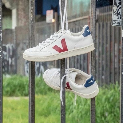 Veja Esplar White Leather Sneakers | Red V Logo & Blue Heel Tab | Size US 7