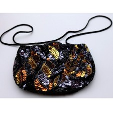 Vintage Beaded Sequin Evening Bag Black Gold Silver Leaf Pattern Crossbody Purse