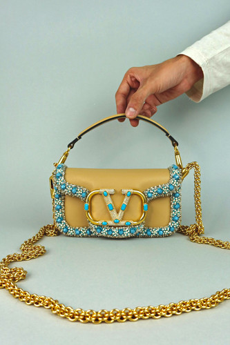 Valentino Garavani Locò VLogo Embellished Shoulder Bag - w/ Turquoise & Crystal