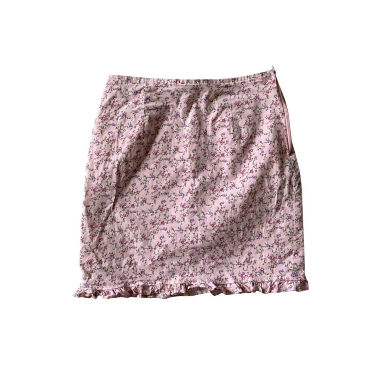 Vintage Blue Pink Floral Mini Skirt Ruffle Hem Side Zip Cotton Blend XS
Opens in a new window or tab