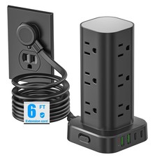 Tower Power Strip: 12 AC Outlets, 4 USB 2 USB-C , Surge Protector, 6ft Cord