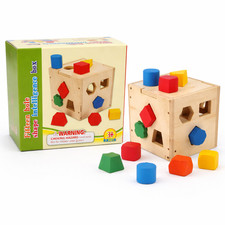 Wooden Shape Sorter Cube Toy   15-Hole Intelligence Box   Montessori 3 