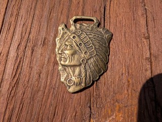 BRASS ARROWHEAD SHAPED INDIAN CHIEF WATCH FOB HEADDRESS POCKET WATCH FOB